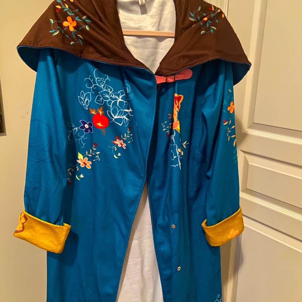Full length snap collar belted floral teal coat
